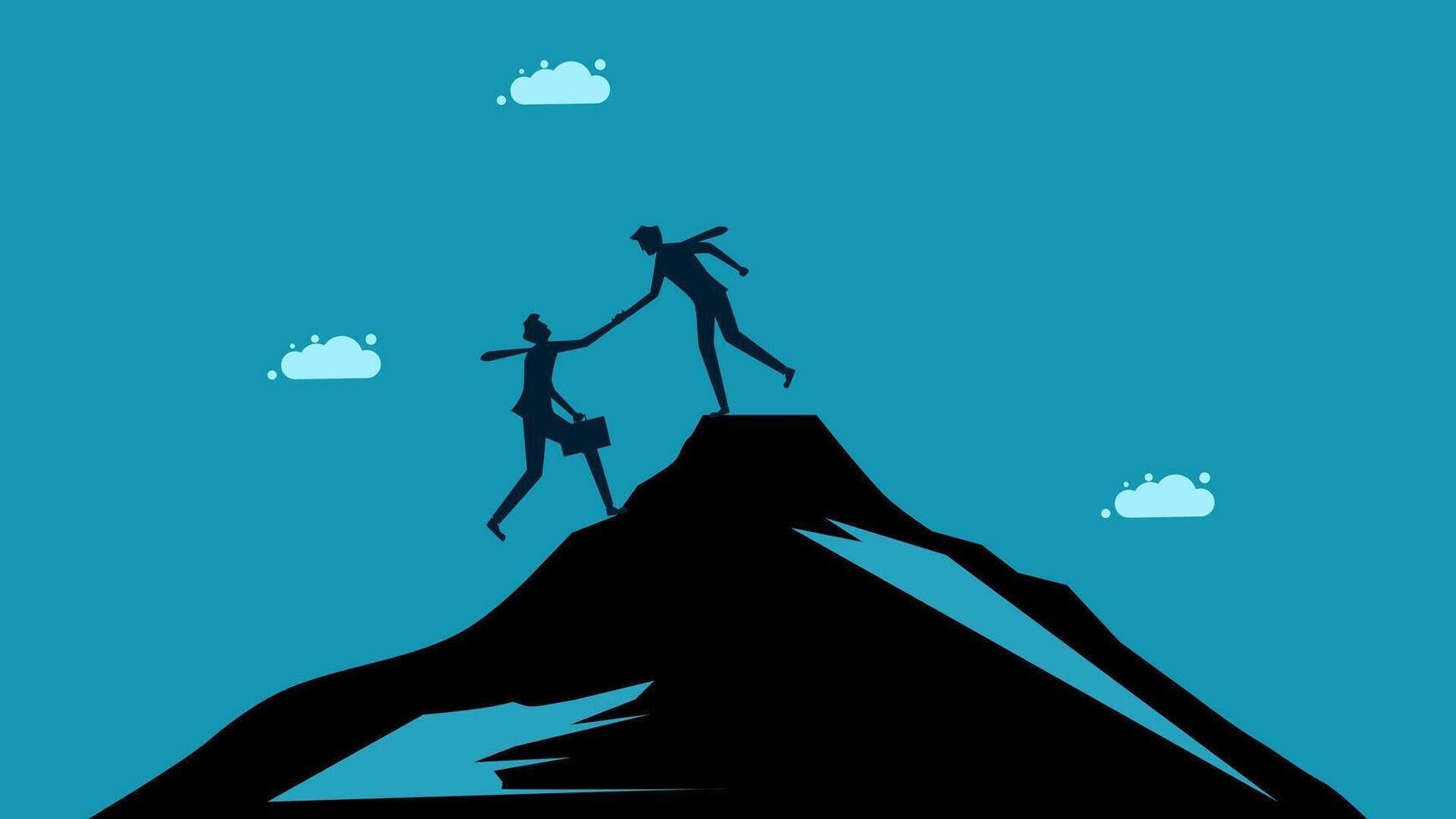two people are standing on top of a mountain with one holding vector