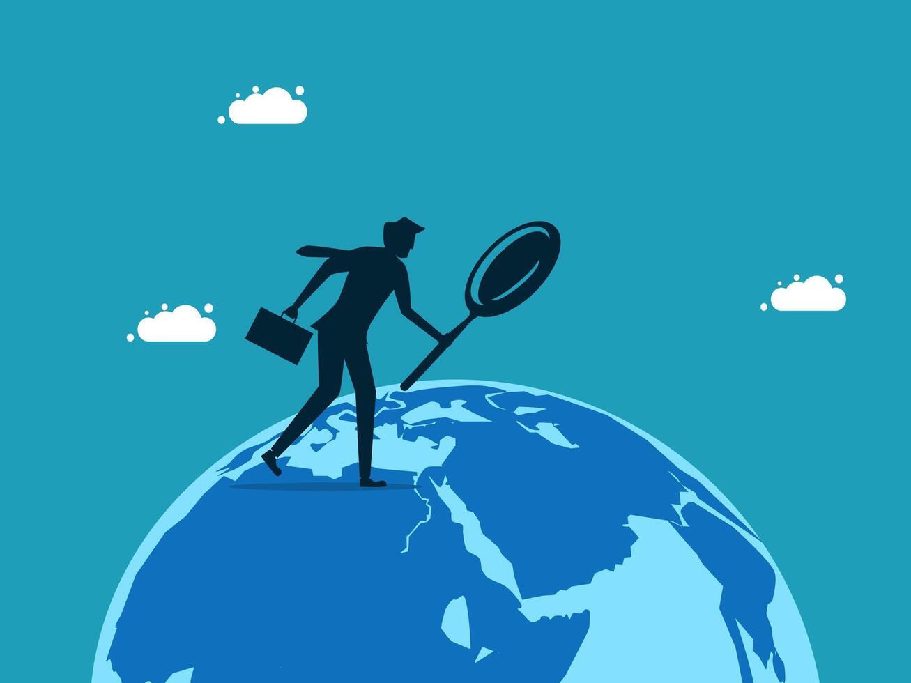 businessman with briefcase and magnifying glass on the globe vector