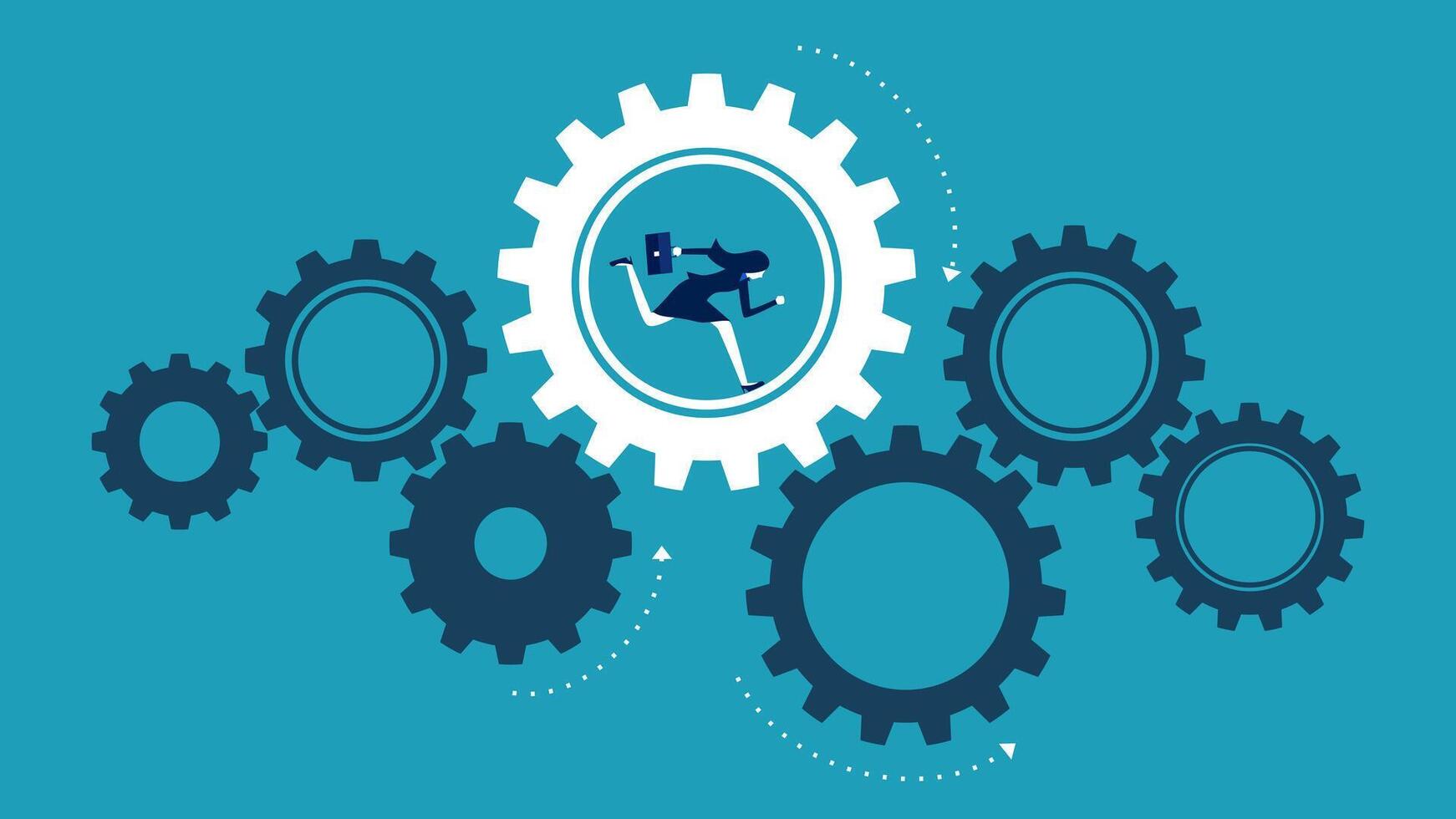 a blue background with gears and a woman running vector