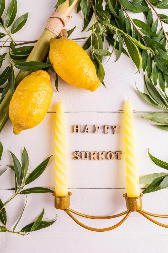 Vertical background of the Jewish of Sukkot with traditional symbols of the holiday of joy and harvest. etrog, willow , palm branches and candles. photo