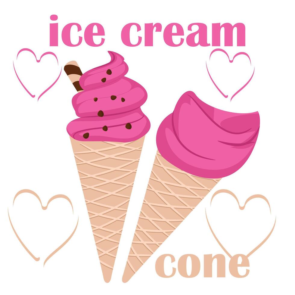 Ice cream cone with line hearts illustration design. vector
