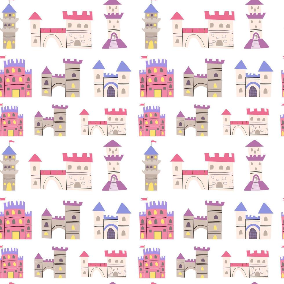 Castle seamless pattern. Fairy endless background. vector