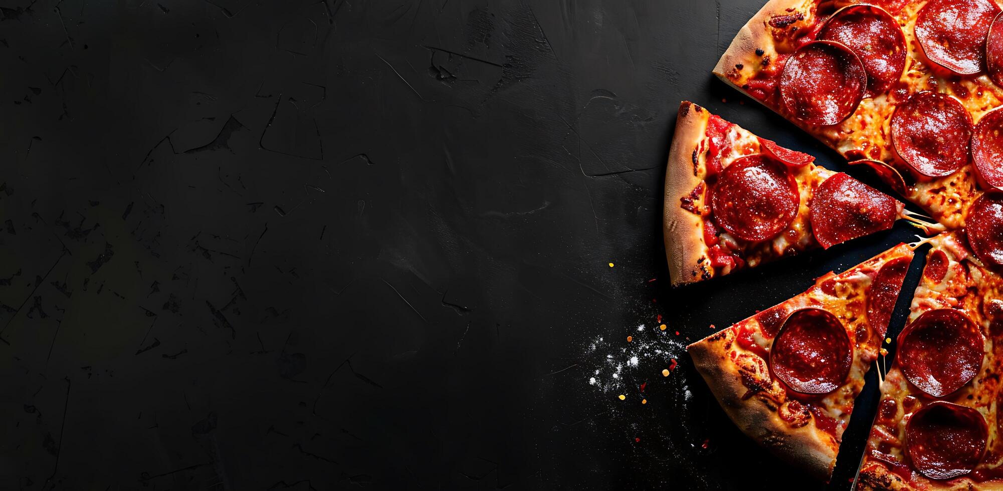 Delicious pizza with melted cheese and pepperoni on a black background photo