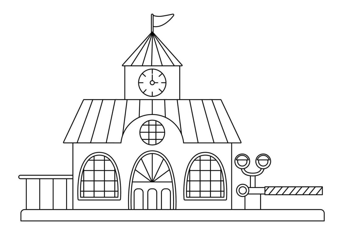 black and white railway station icon. Railroad train waiting building with clock tower, semaphore and barrier. City or countryside transportation line clipart or coloring page vector
