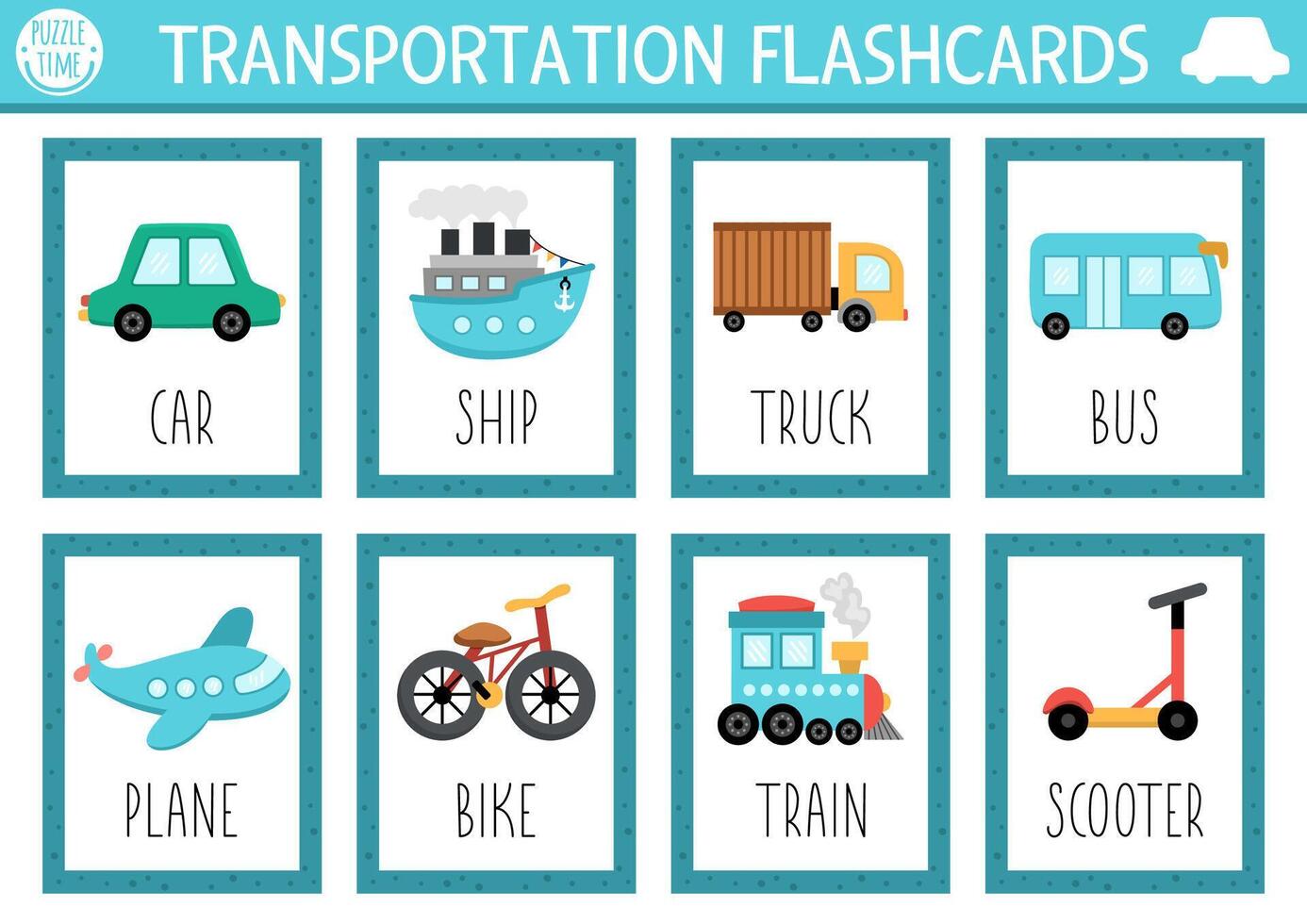 transportation flash cards set with car, ship, truck, bike, plane, train, bus. English language game with cute transport for kids. Vehicles flashcards. Simple educational printable worksheet vector