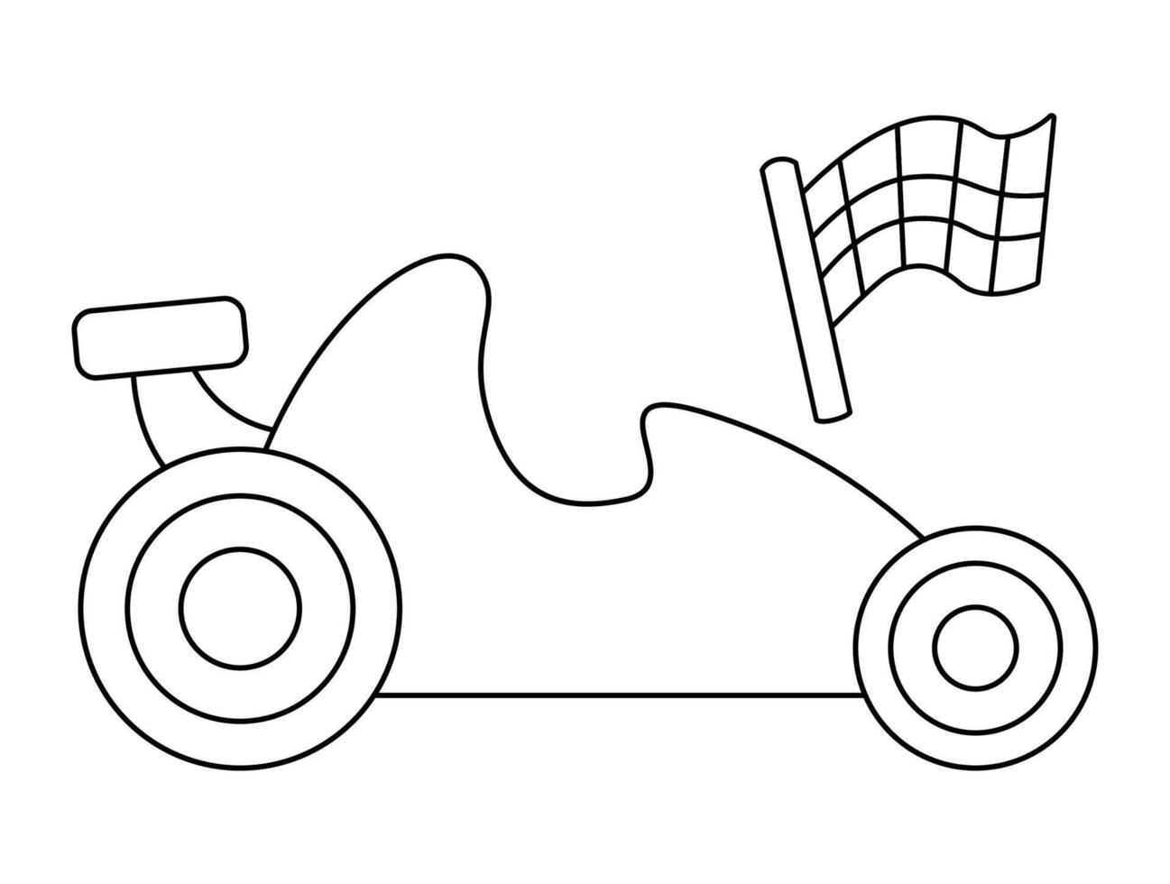 black and white racing car. Funny line speedy automobile for kids. Cute sport track vehicle clip art. Retro transport icon or coloring page with checked flag isolated on white background vector