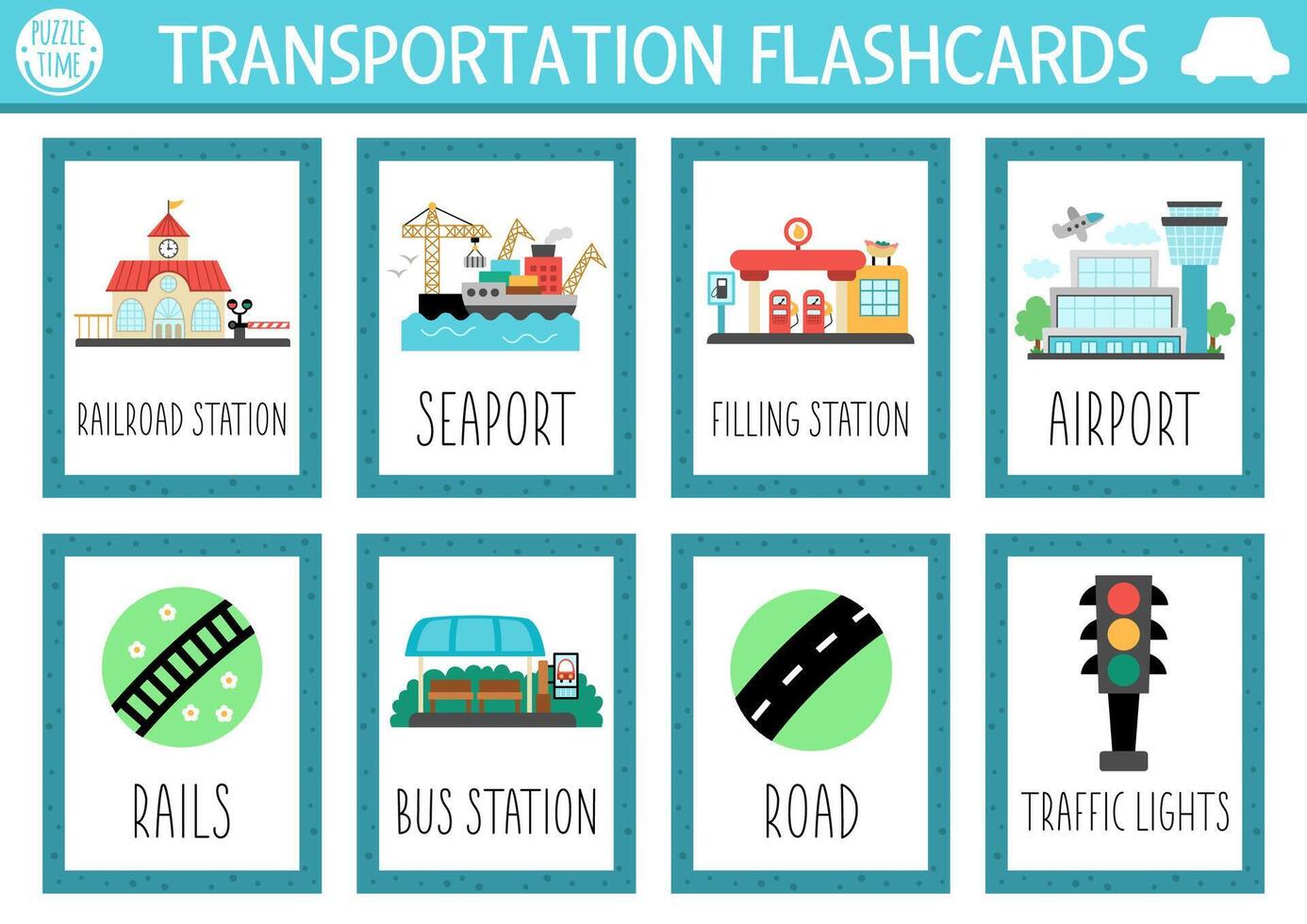 transportation flash cards set with railroad station, seaport, airport. English language game with cute transport places for kids. Vehicles flashcards. Simple educational printable worksheet vector