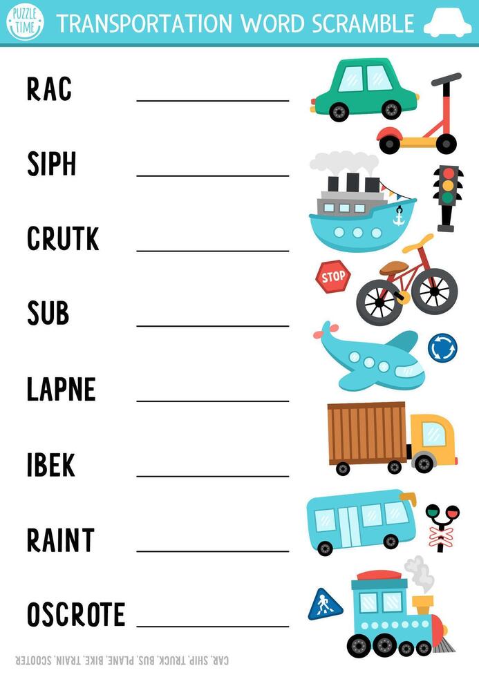 transportation word scramble activity page. English language game with car, ship, train, bike, plane, bus for kids. Transport family quiz with vehicles. Educational printable worksheet vector