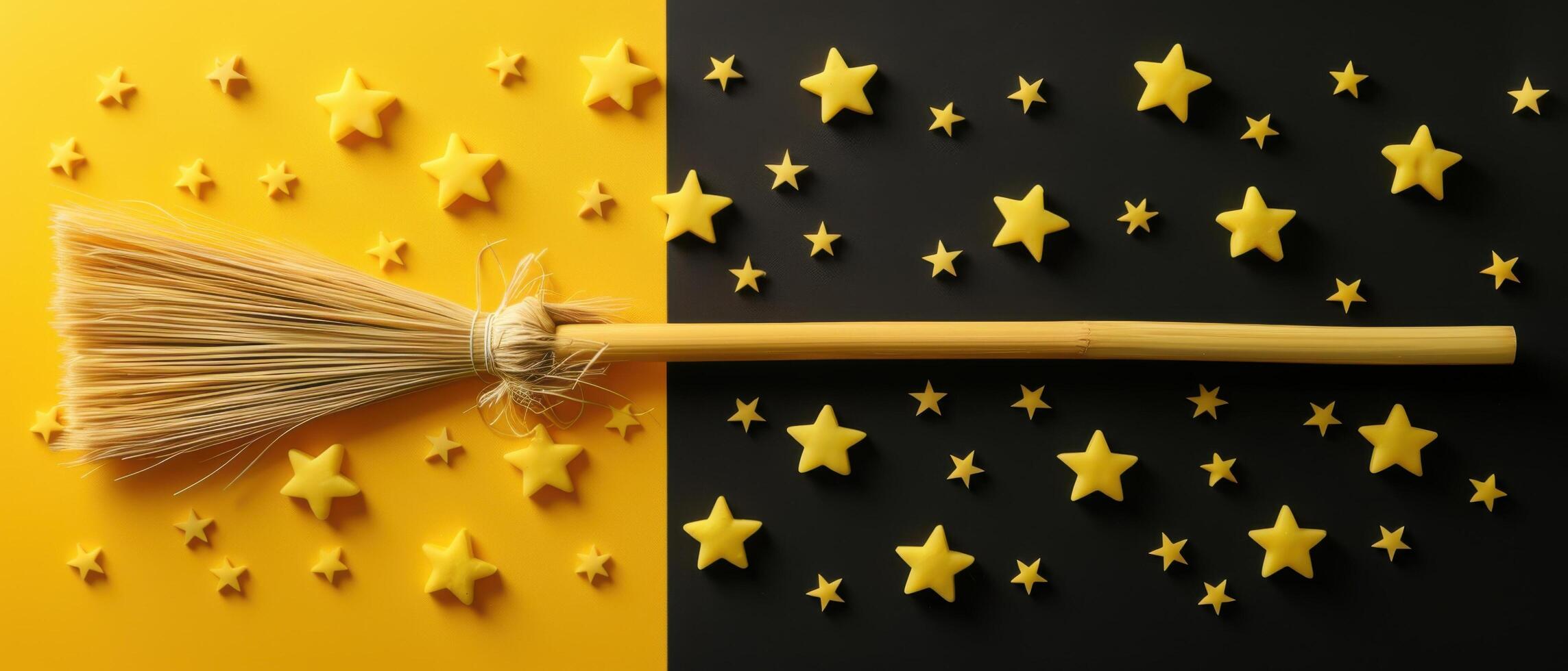 Broomstick on Yellow and Black Background with Star Decorations - Halloween Conceptual Image photo