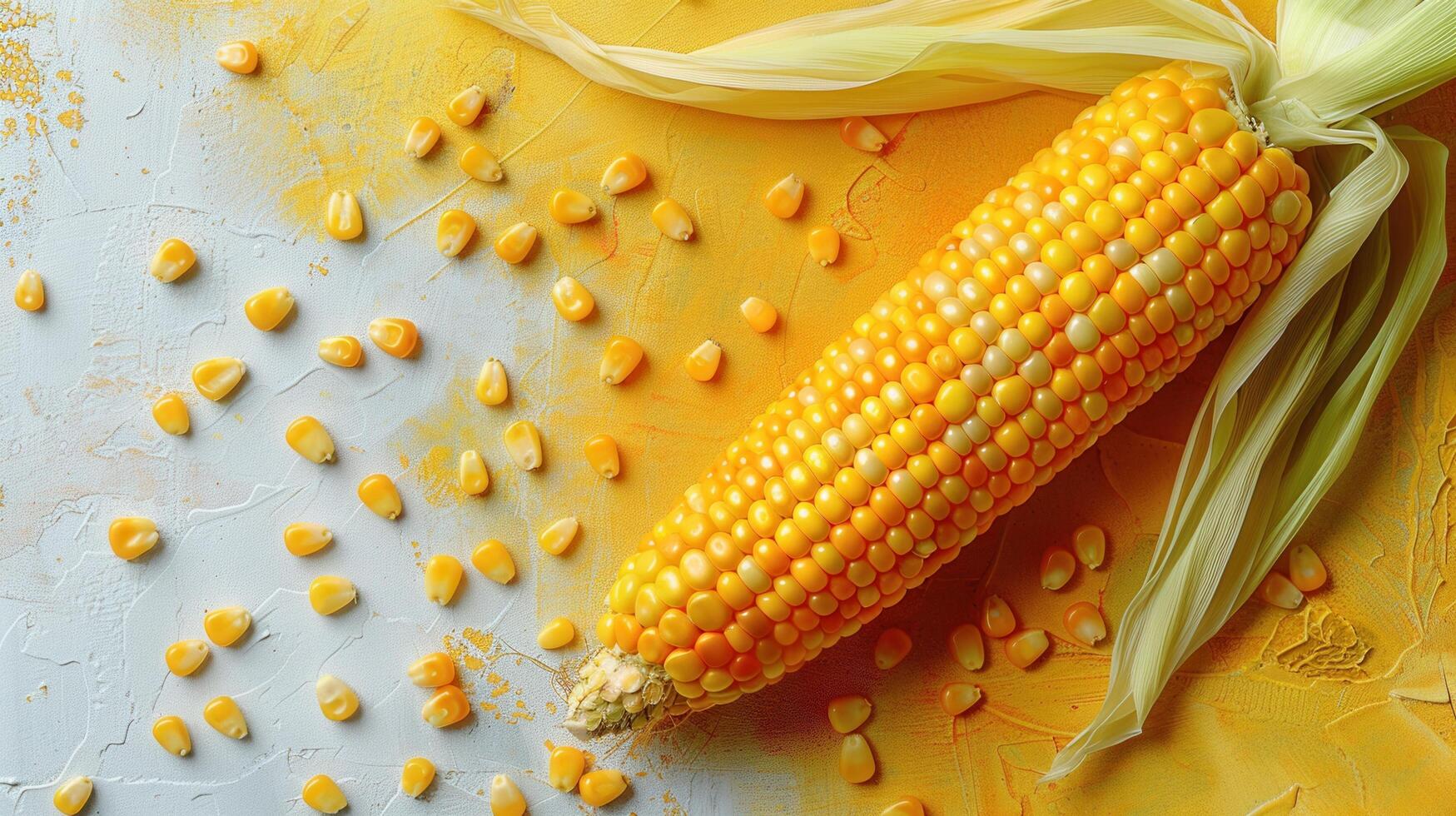 Fresh Corn on the Cob with Husk and Kernels on a Vibrant Yellow and White Background photo