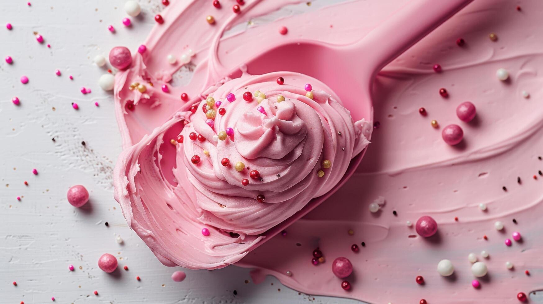 Delicious Pink Whipped Cream with Colorful Sprinkles on Pink Spatula and White Background photo