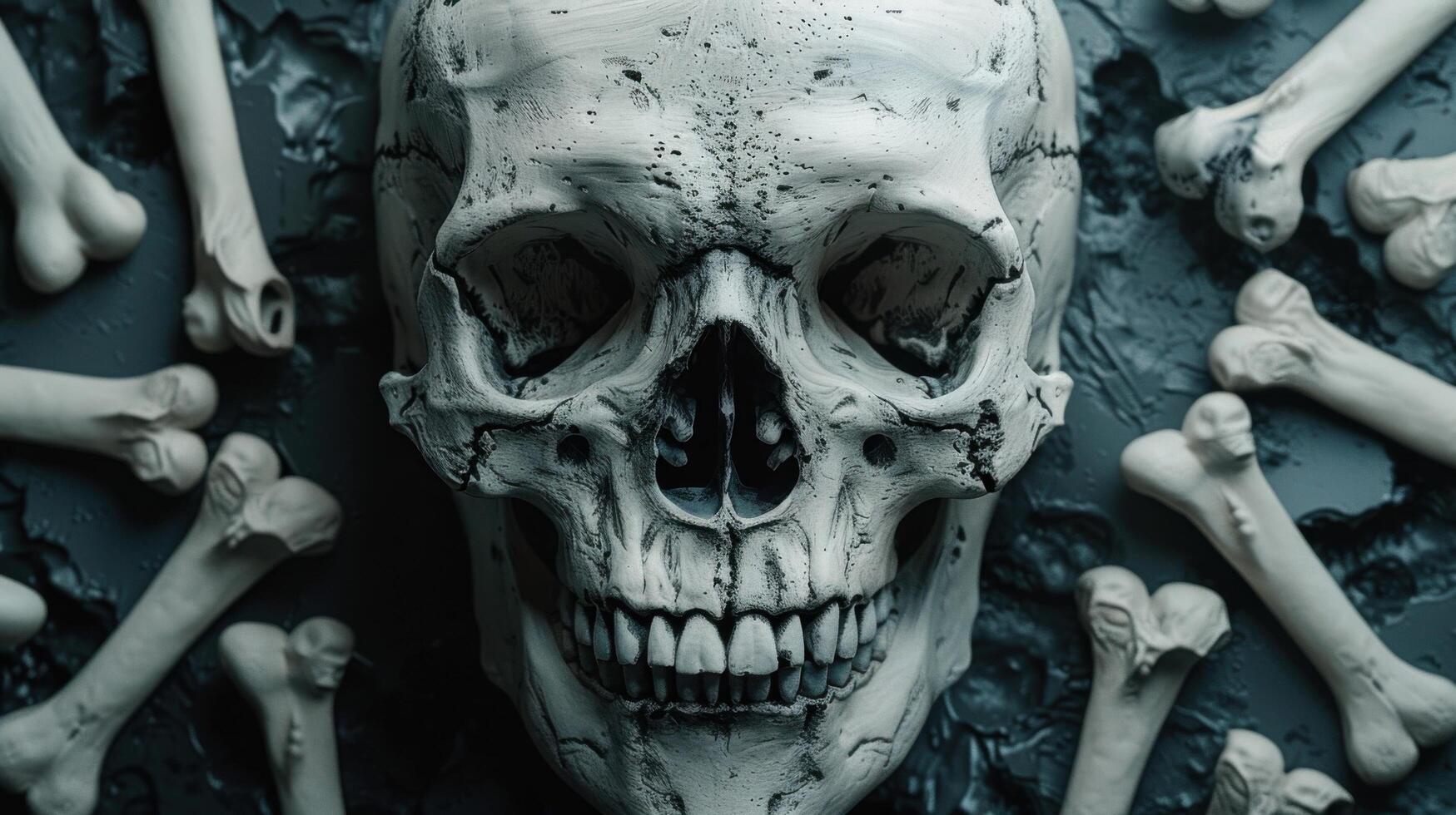 Detailed Close-Up of a Human Skull Surrounded by Bones on a Dark Background photo
