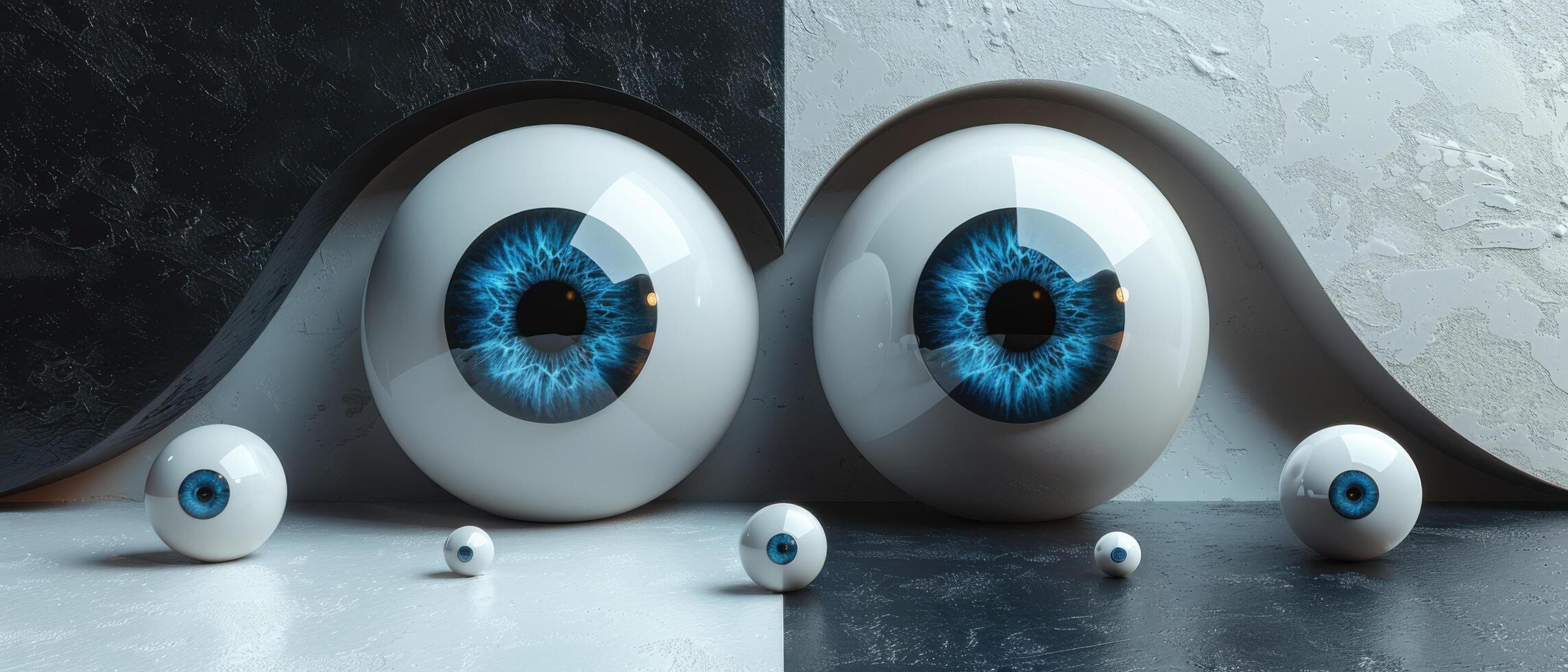 Surreal Artistic Composition of Large Blue Eyes with Smaller Eyes on Black and White Background photo