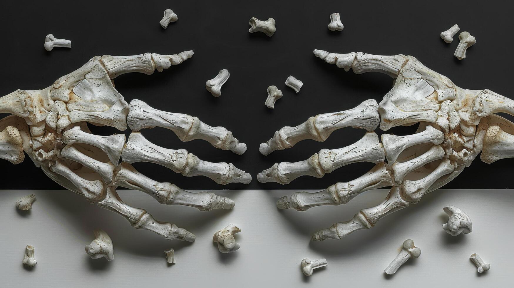 Two Skeleton Hands Reaching Out on Black and White Background with Scattered Bone Fragments photo