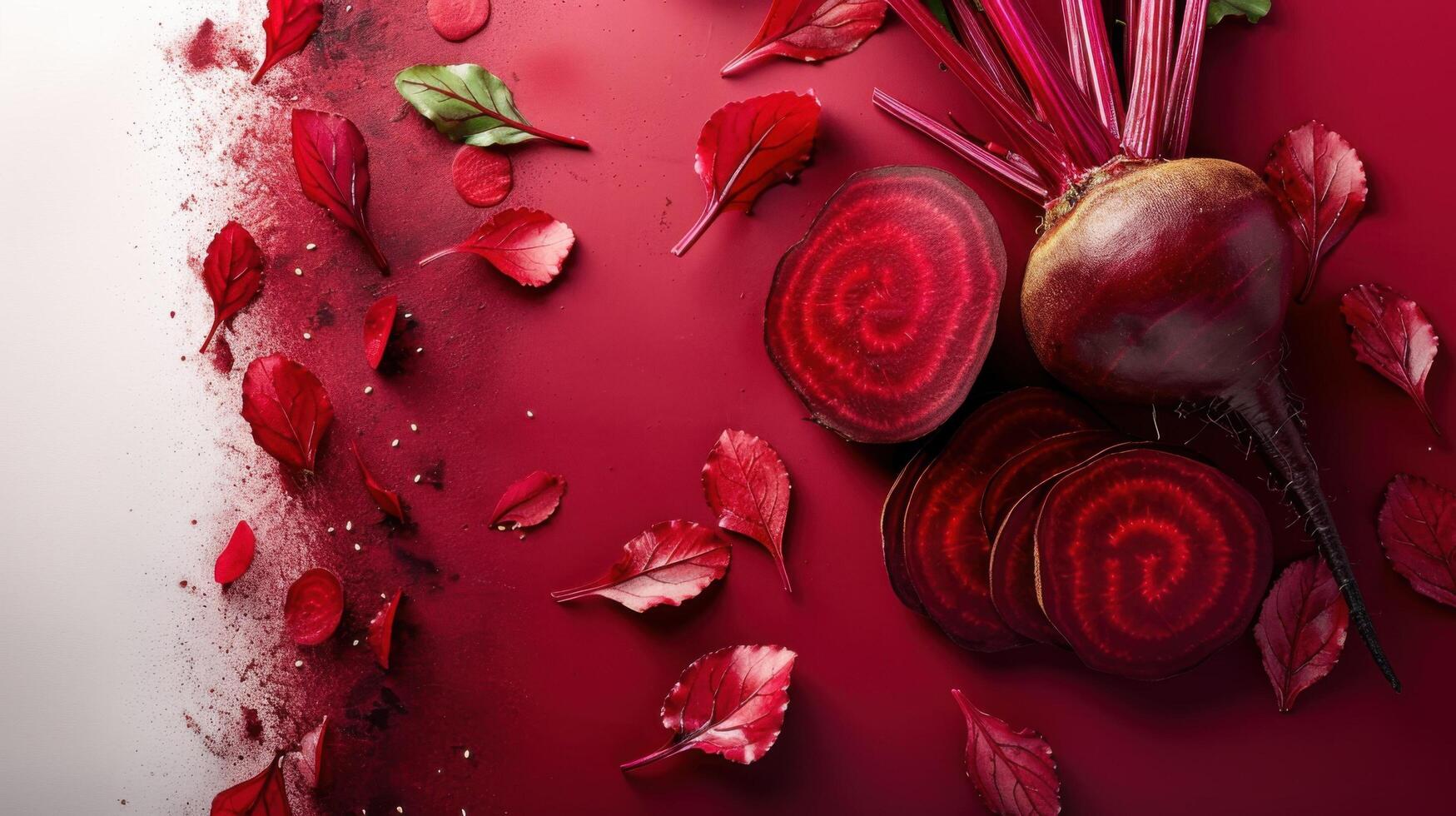 Fresh Red Beetroot with Sliced Pieces and Leaves on a Vibrant Red Background photo