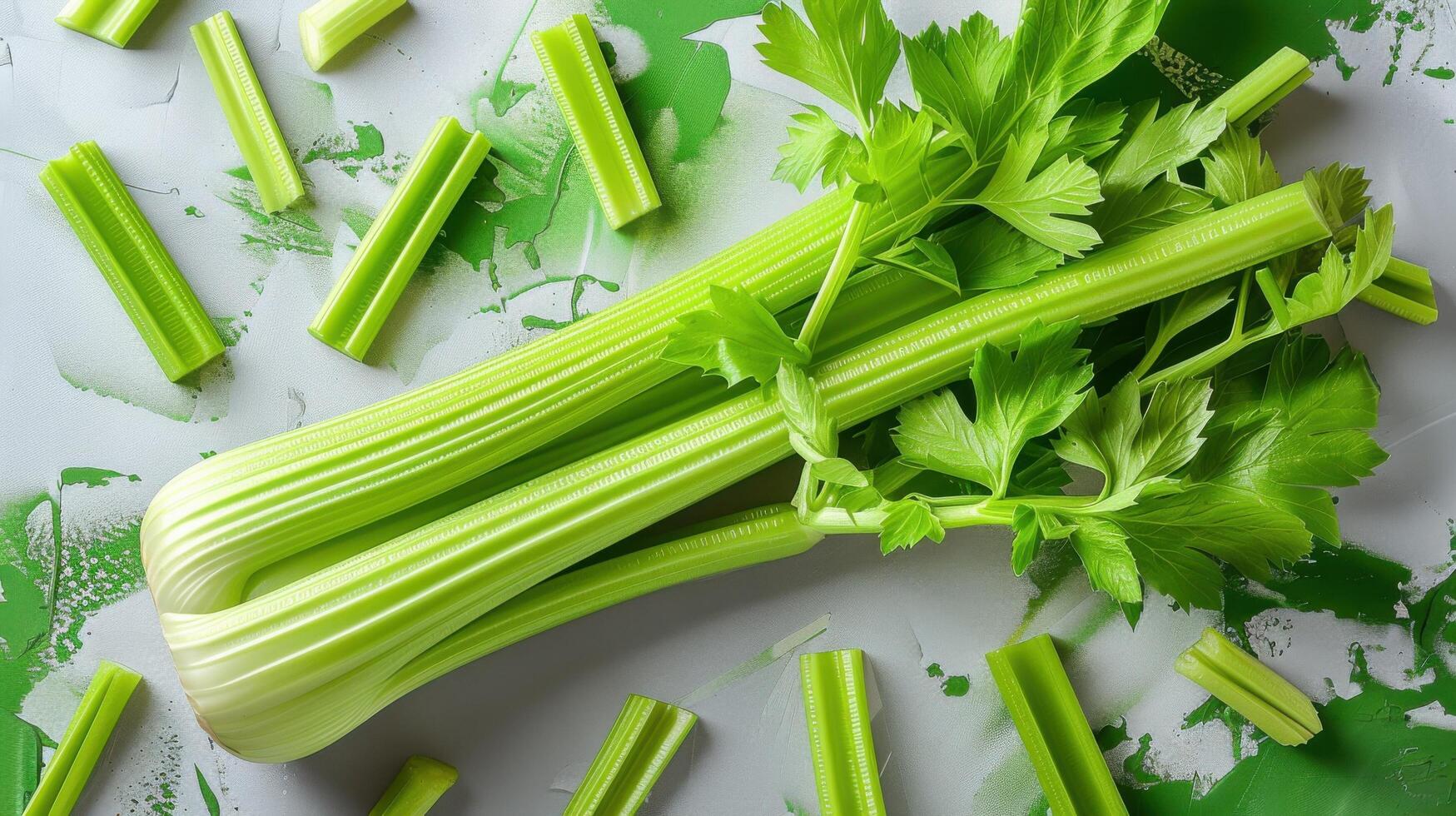 Fresh Green Celery Stalks and Leaves on a Green and White Background with Sliced Pieces photo