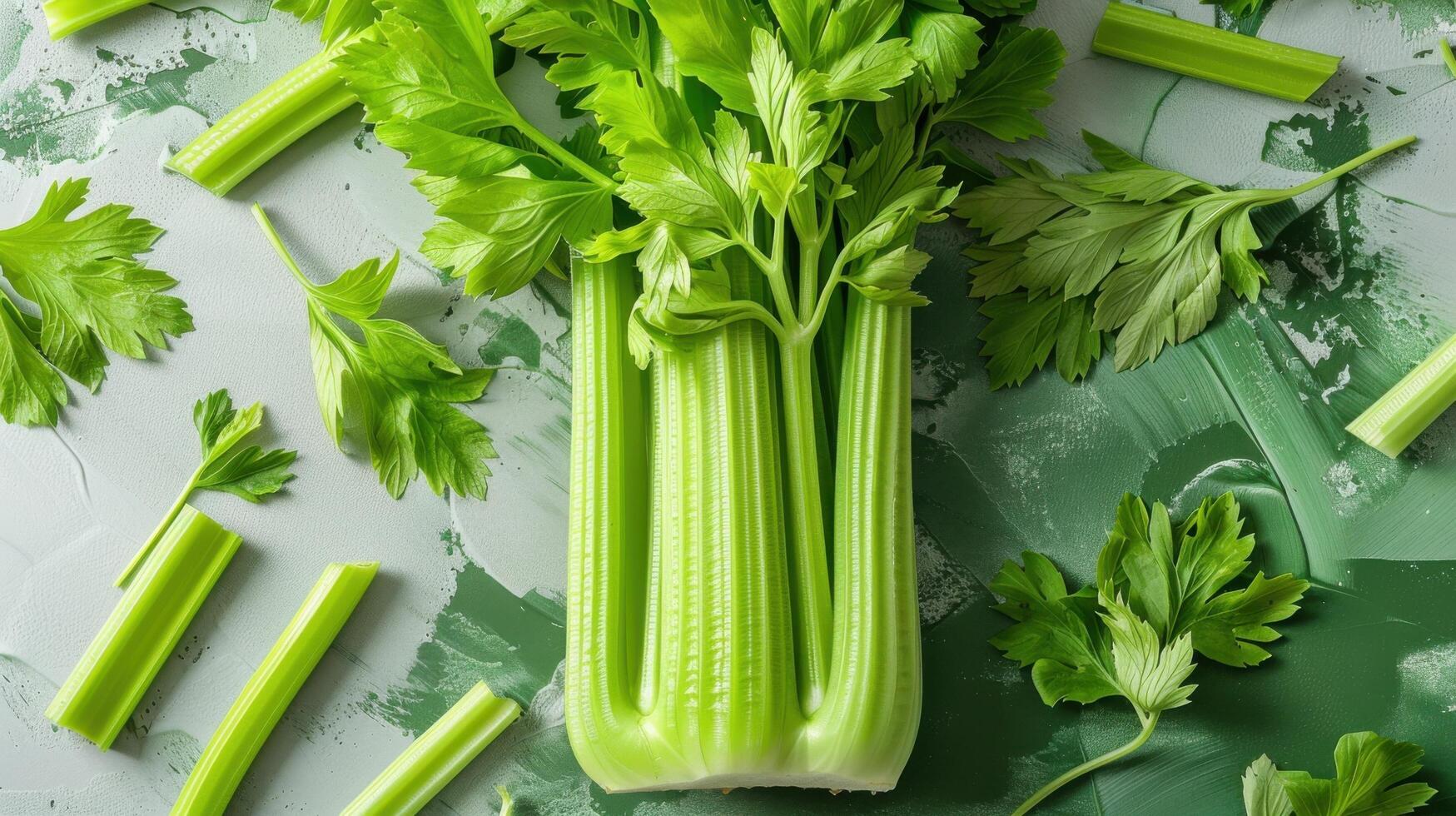 Fresh Celery Stalks and Leaves on a Green and White Background - Healthy Organic Vegetables for Cooking and Salads photo