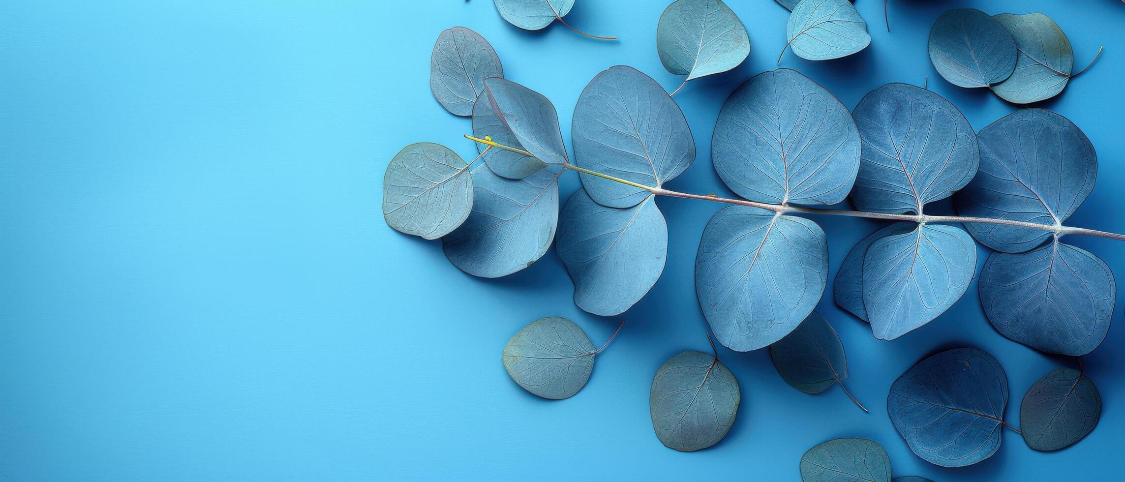 Eucalyptus Leaves on Blue Background - Minimalist Nature Concept with Blue Tones and Natural Elements photo