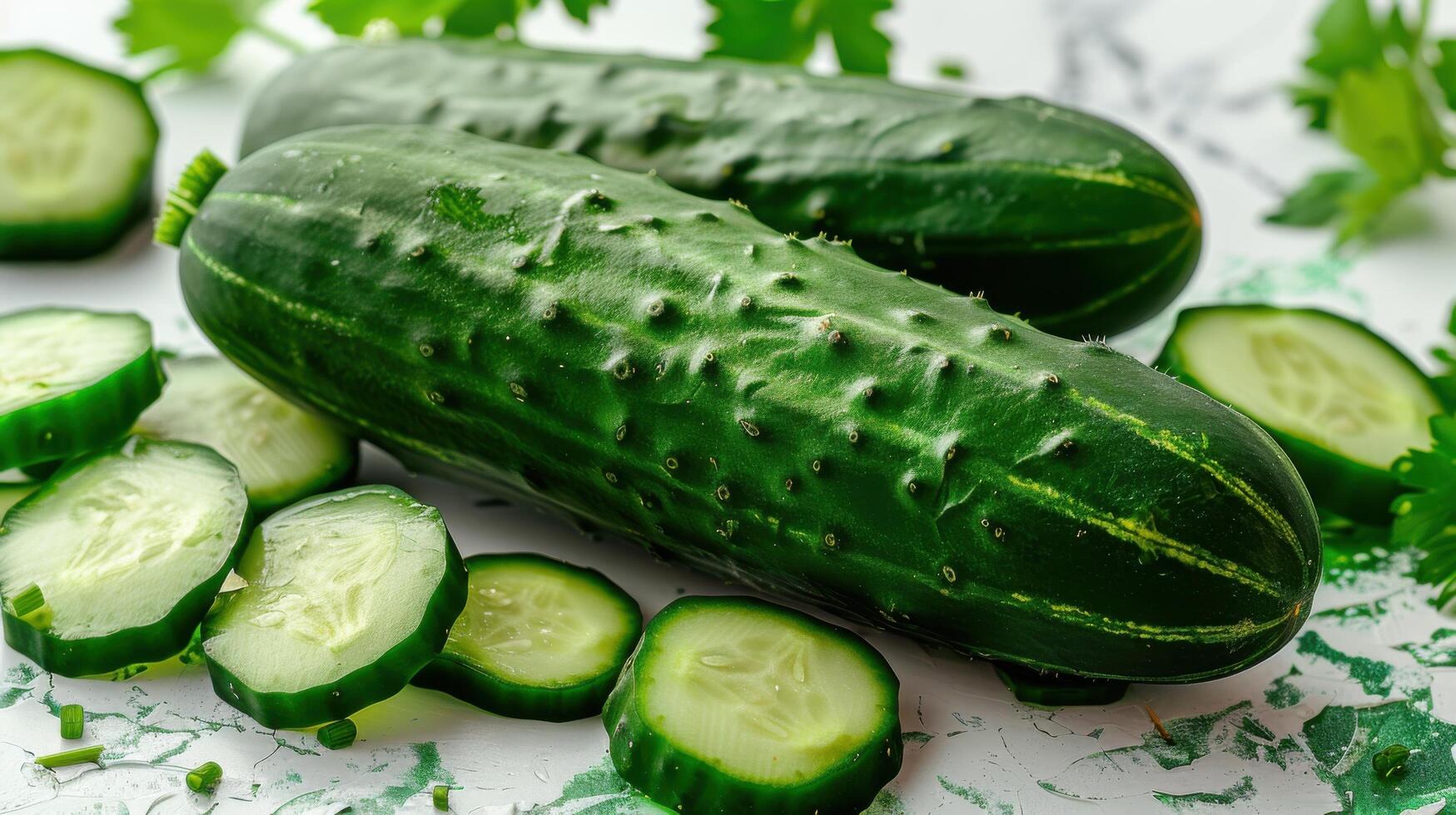 Fresh Green Cucumbers and Slices on Marble Surface with Parsley in Background photo