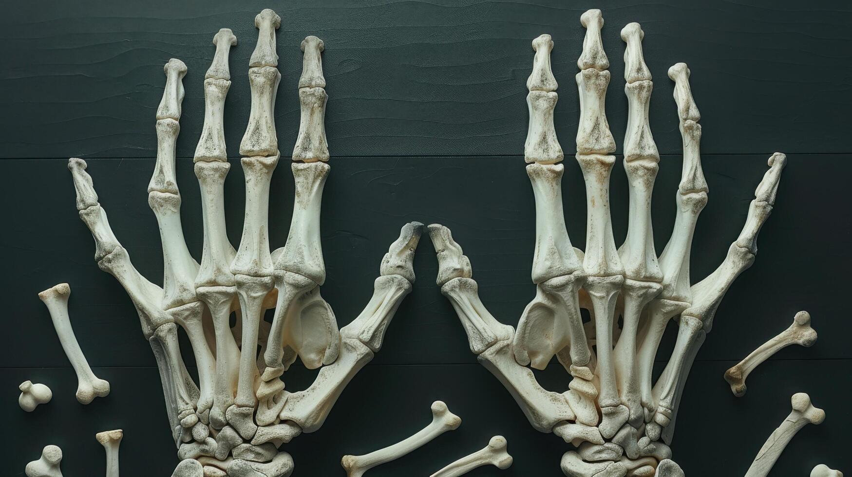 Human Hand Skeletons on Dark Background with Scattered Bones - Medical and Educational Image photo