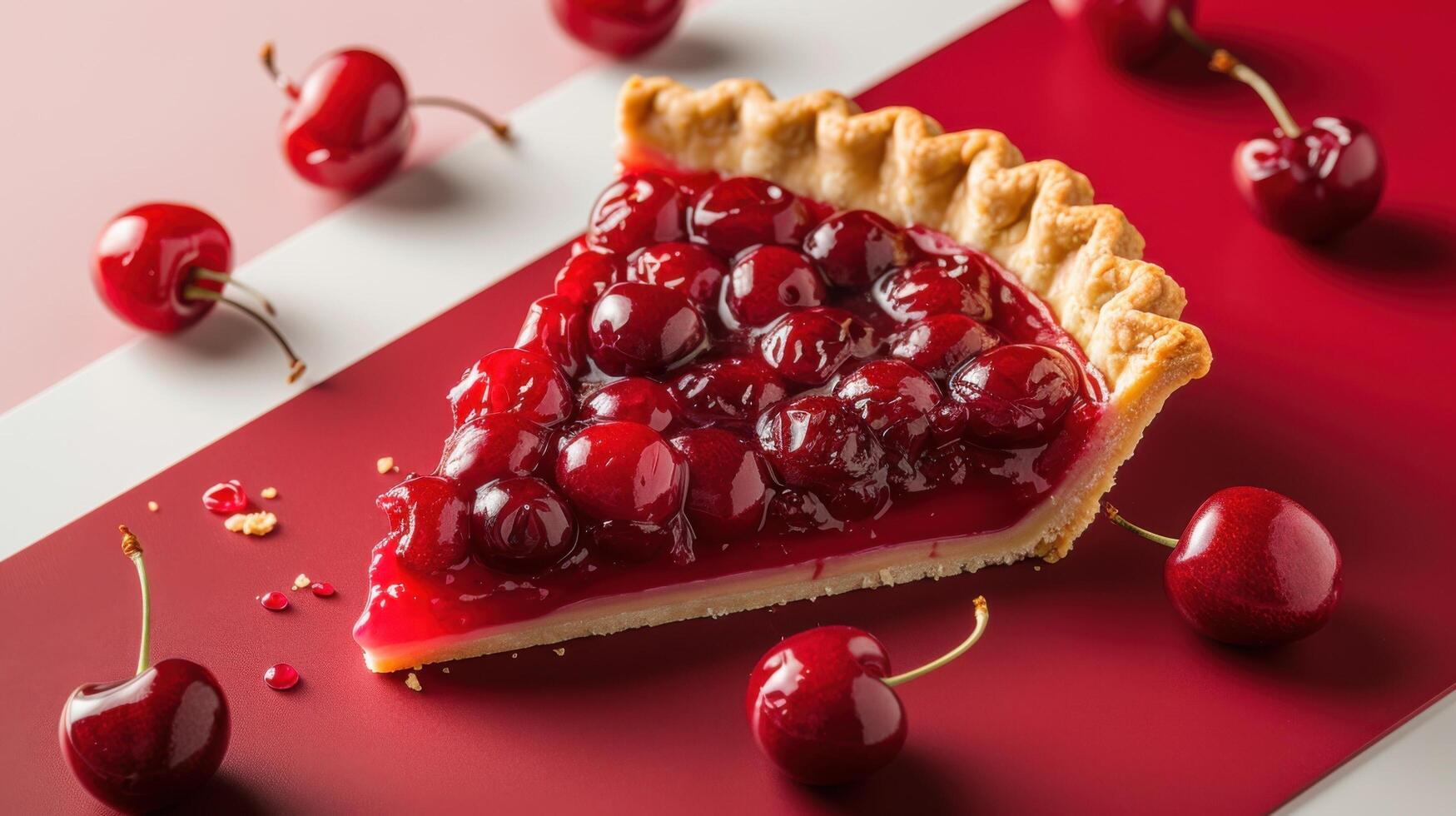 Delicious Slice of Cherry Pie with Fresh Cherries on a Red and White Background photo