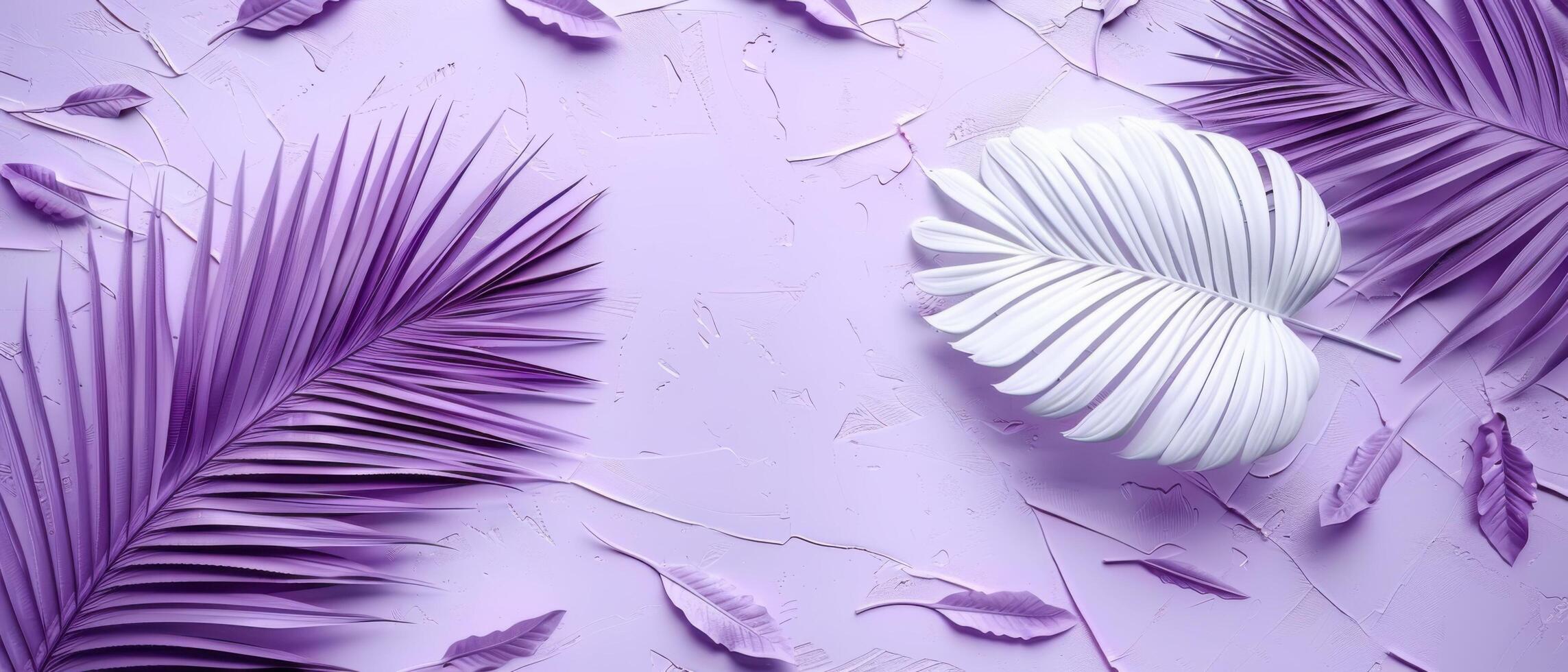 Abstract Composition with Purple and White Palm Leaves on a Pastel Lavender Background photo