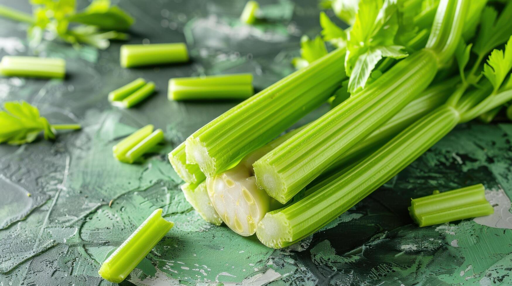 Fresh Green Celery Stalks on a Textured Green Background with Celery Leaves and Pieces Scattered Around photo