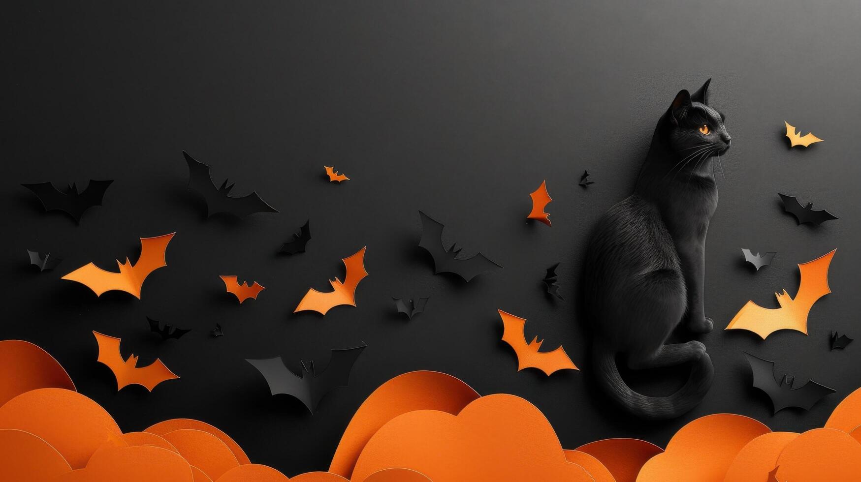 Black Cat with Halloween Bats and Orange Clouds on Dark Background - Spooky Holiday Theme photo