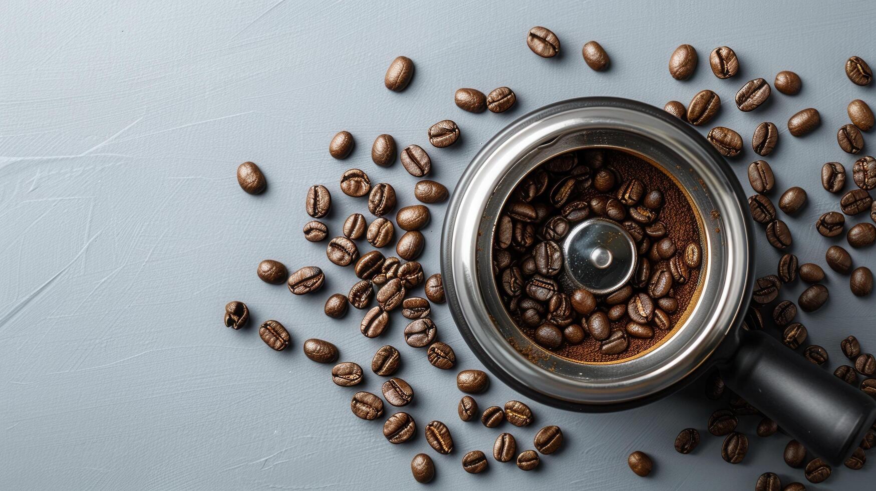 Freshly Roasted Coffee Beans Surrounding a Modern Coffee Grinder on a Textured Surface photo