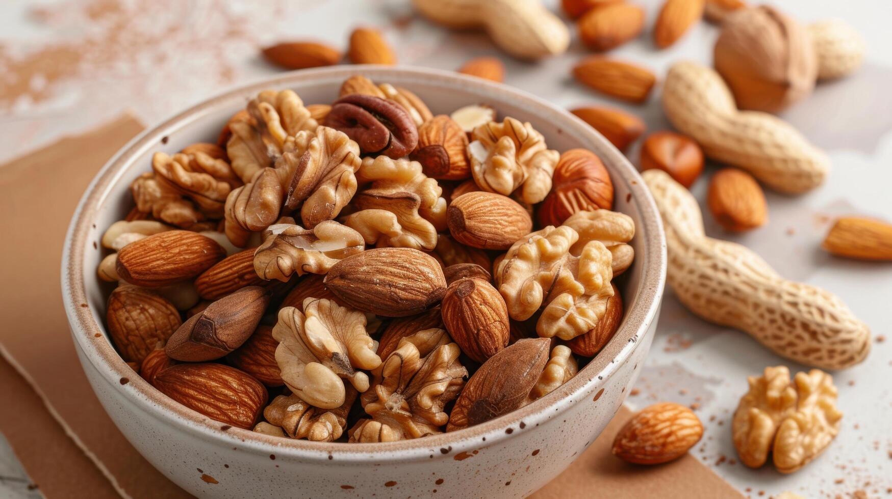 Assorted Mixed Nuts in Ceramic Bowl on Rustic Table - Healthy Snack, Almonds, Walnuts, Peanuts, and Hazelnuts photo