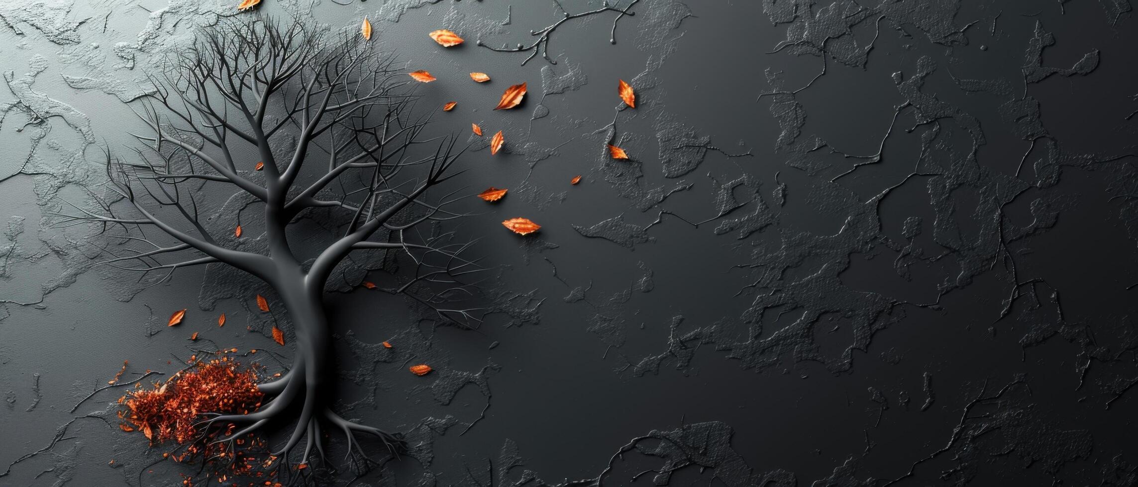 Abstract Black Tree with Falling Leaves on Textured Dark Background - Modern Minimalist Art photo