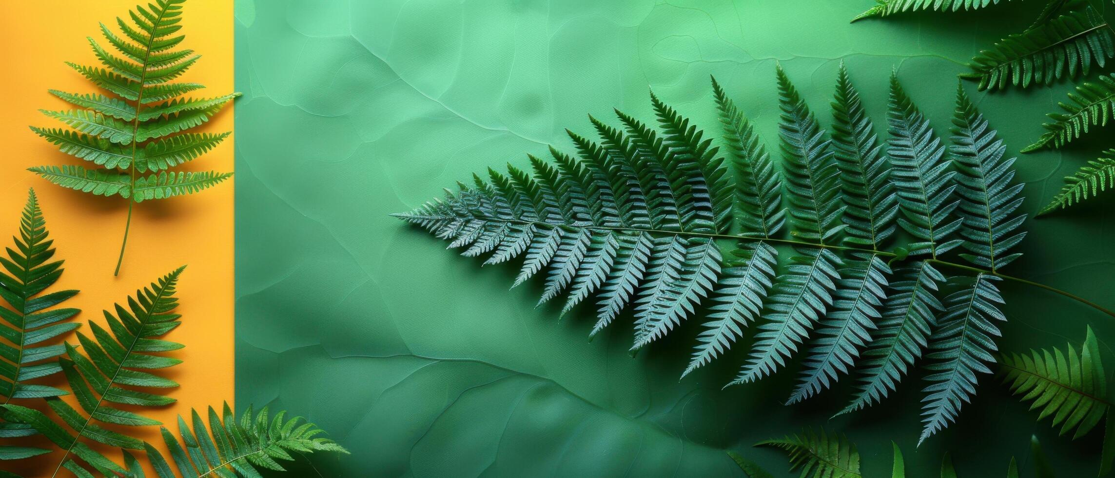 Vibrant Fern Leaves on Colorful Background with Green and Yellow Tones, Nature Inspired Botanical Design photo