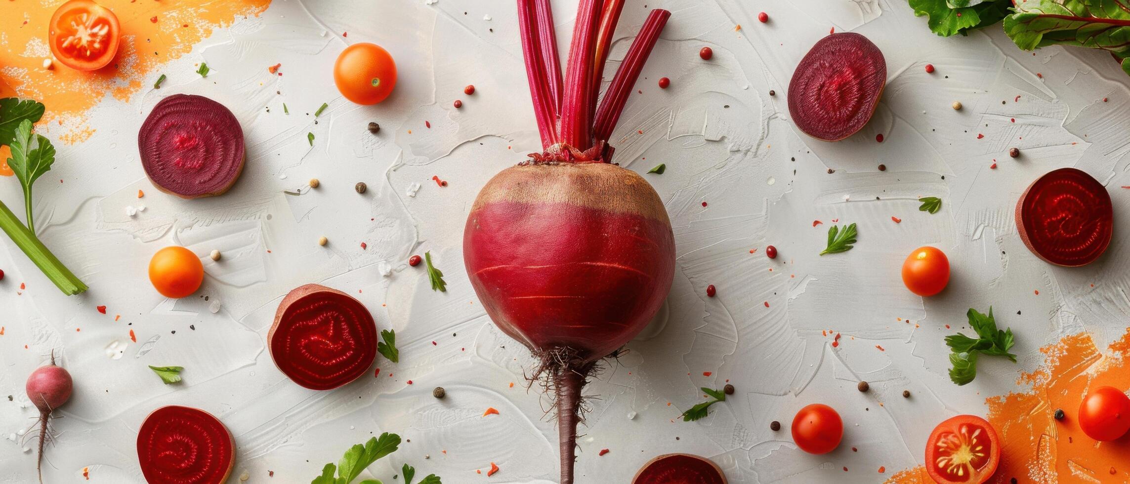 Fresh Beetroot and Cherry Tomatoes on a White Background with Herbs and Spices - Vibrant and Healthy Food Arrangement photo