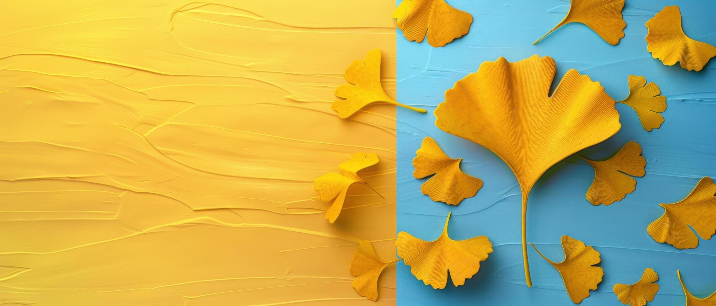 Vibrant Yellow Ginkgo Leaves on Textured Yellow and Blue Background - Modern Abstract Art photo