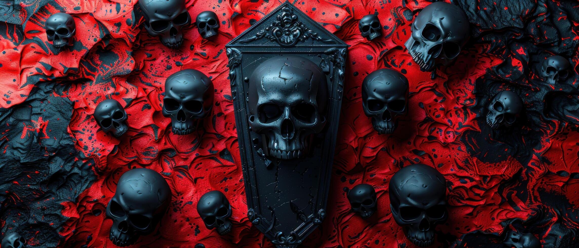 Gothic Black Skulls on Red Background - Dark and Mysterious Halloween Themed Image with Skulls and Gothic Elements photo