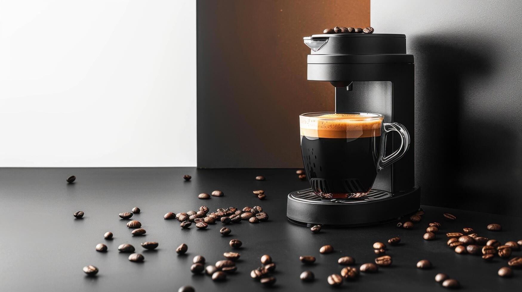 Modern Coffee Maker with Freshly Brewed Espresso and Coffee Beans on Black Surface in Minimalist Setting photo