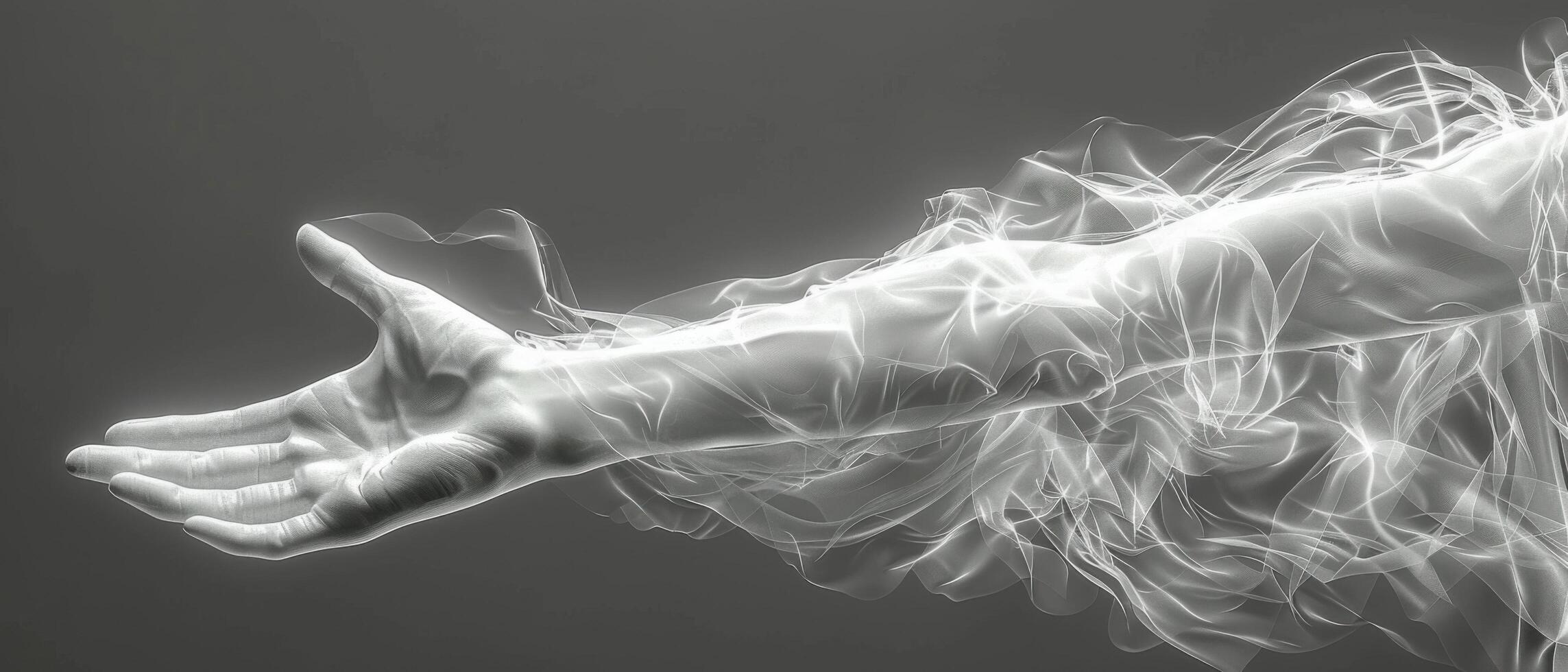Abstract Image of a Human Arm Dissolving into Smoke on a Gray Background photo