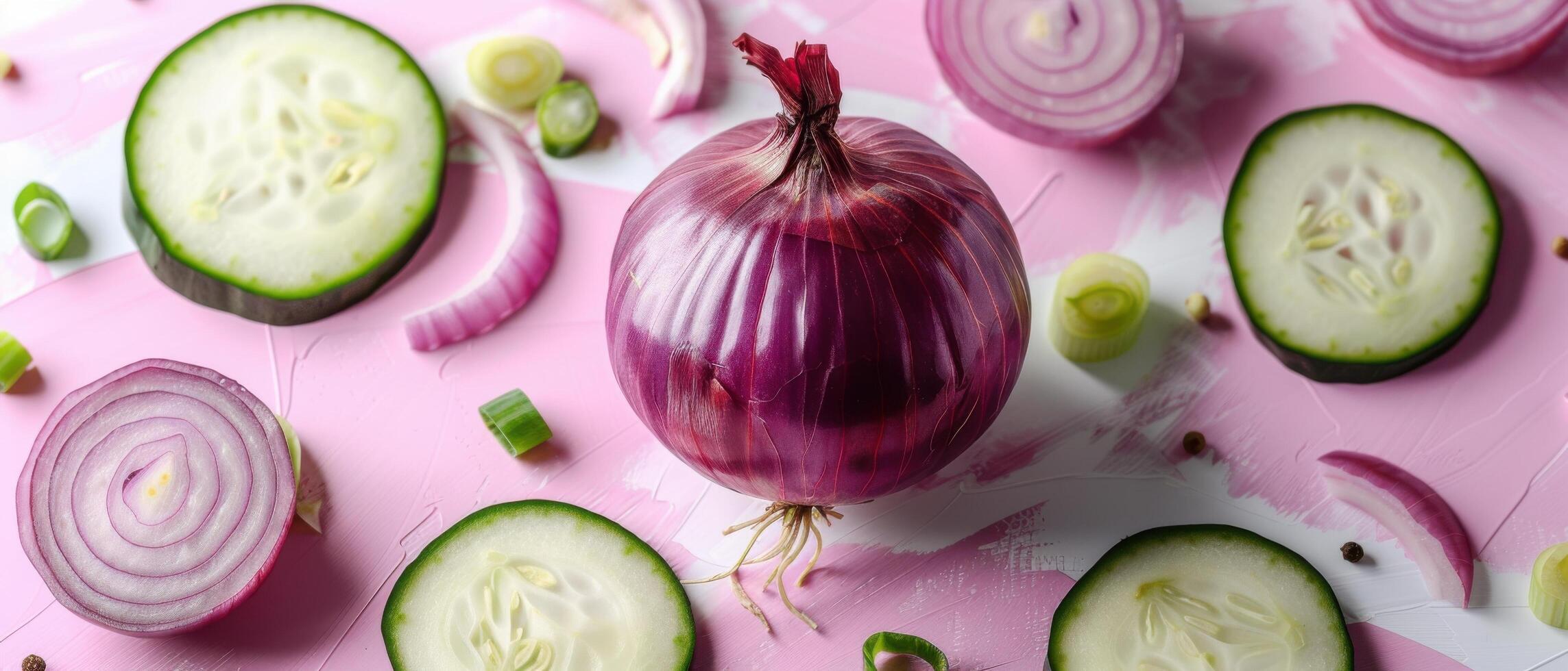 Fresh Red Onion and Cucumber Slices on Pink Background with Green Onion Garnish photo