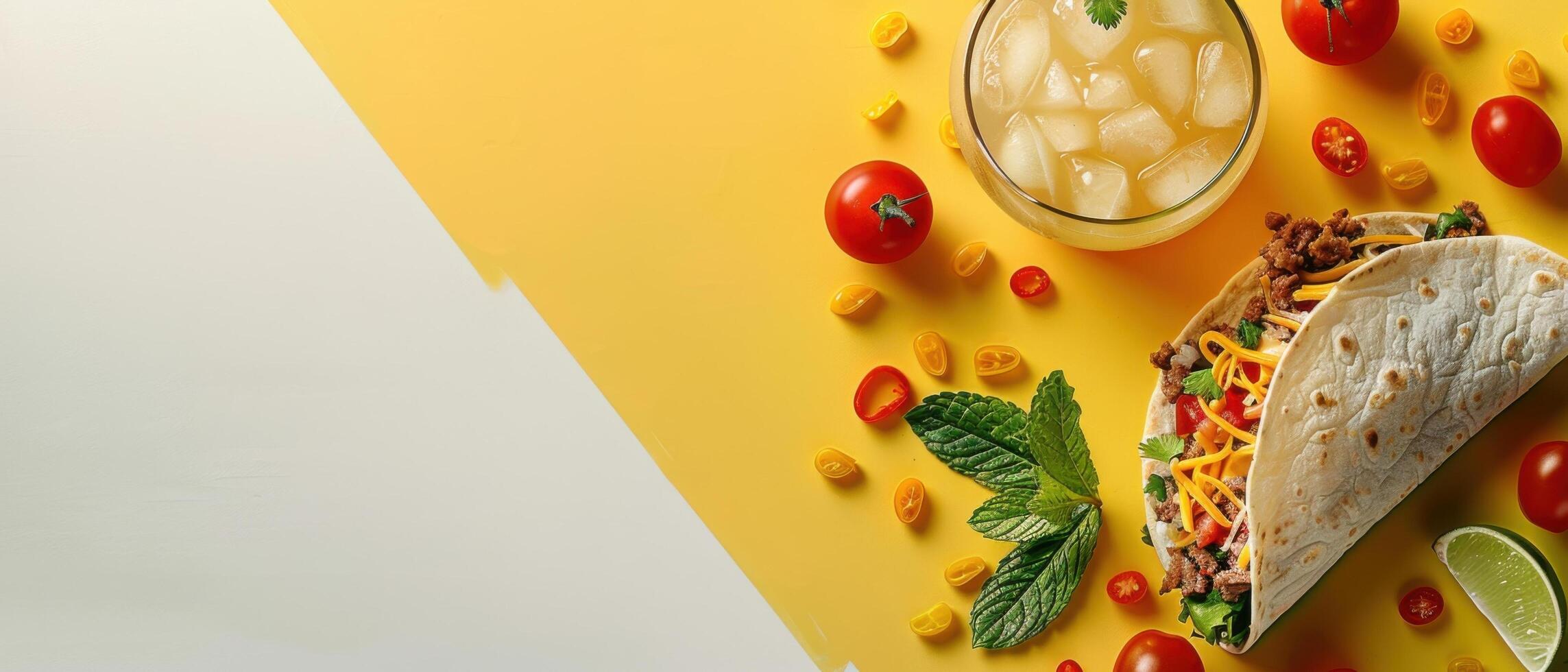 Fresh and Vibrant Mexican Taco with Refreshing Drink and Ingredients on Yellow Background photo