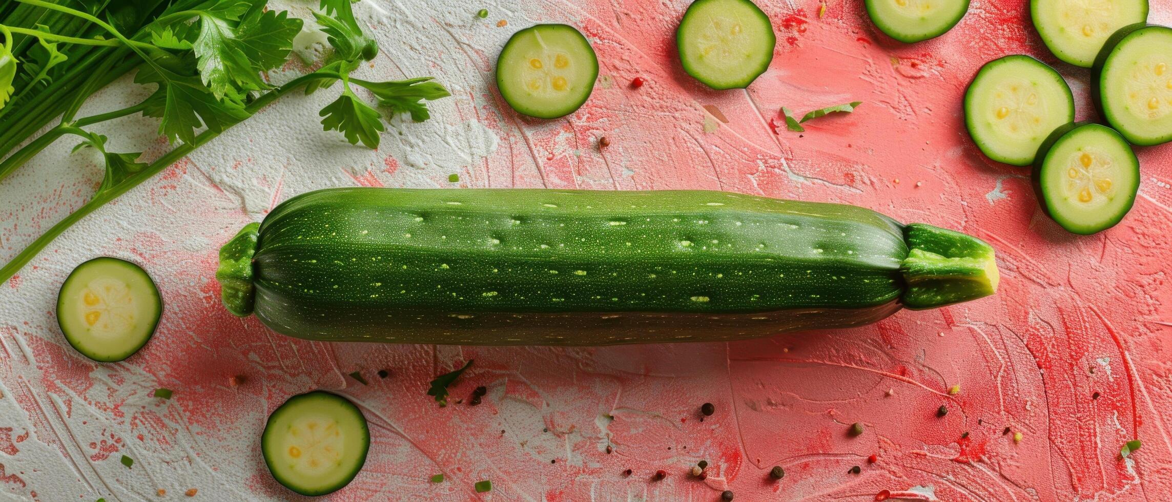 Fresh Green Zucchini with Sliced Pieces on Artistic Background with Herbs and Spices photo