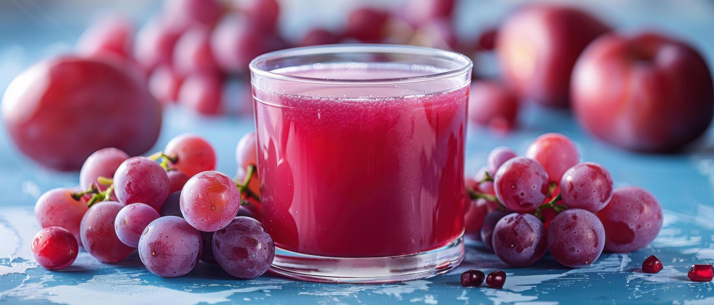 Fresh Grape Juice in a Glass Surrounded by Red Grapes and Plums on a Blue Rustic Table photo