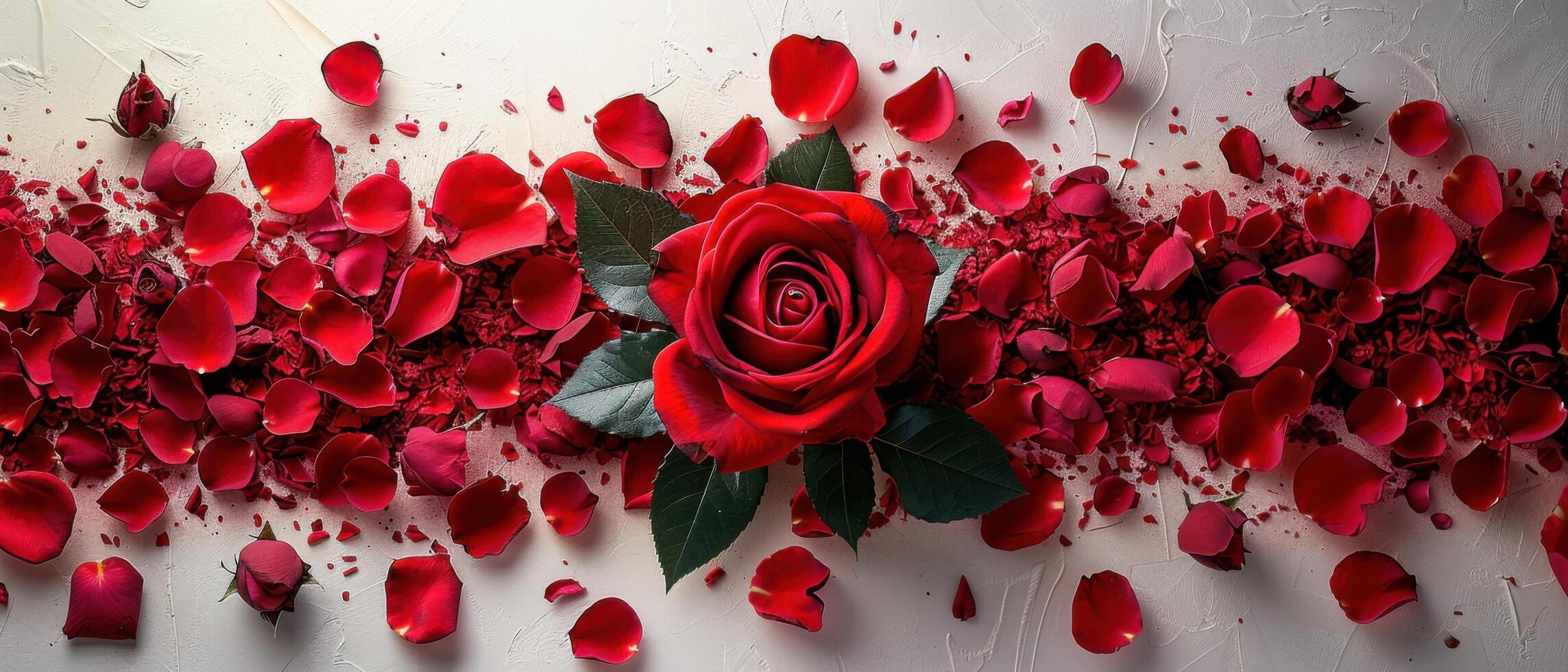 Elegant Red Rose Surrounded by Petals on Textured White Background - Perfect for Romantic and Floral Themes photo