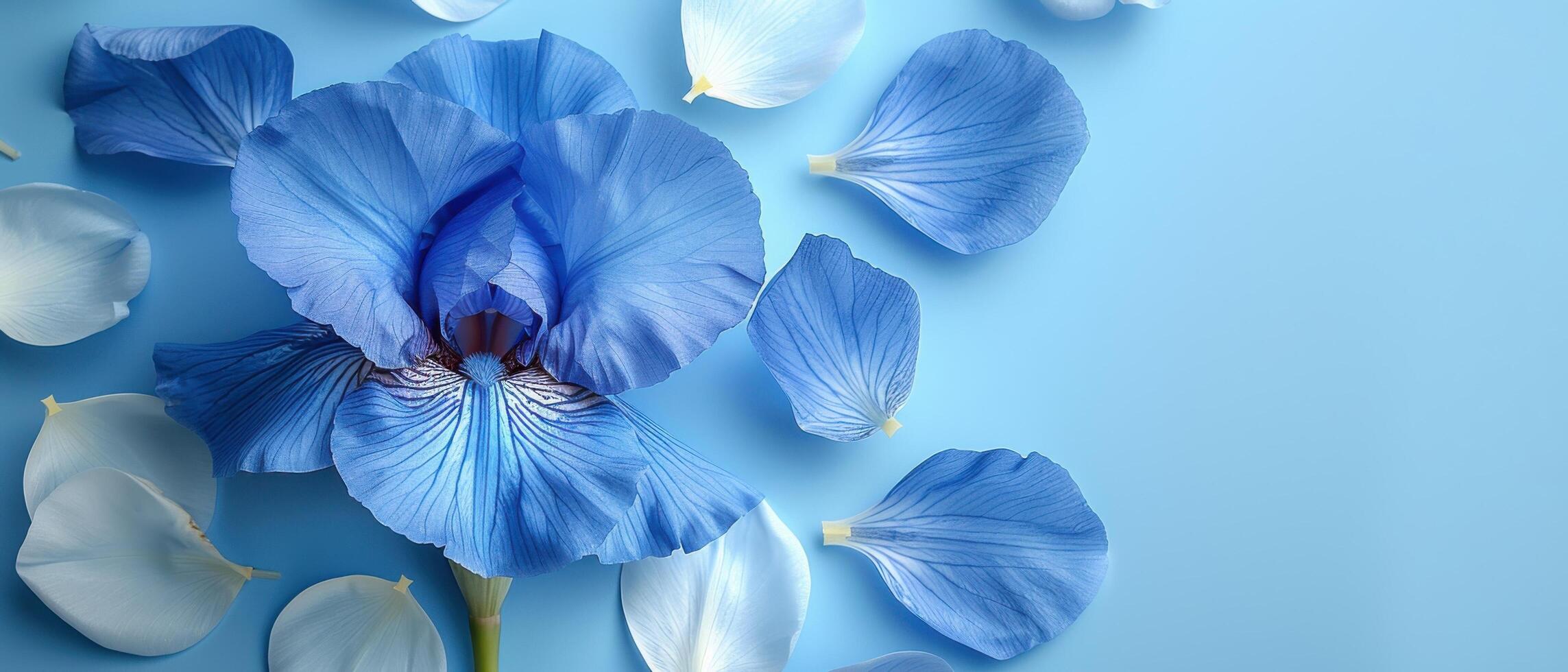 Beautiful Blue Iris Flower with Petals on Light Blue Background photo