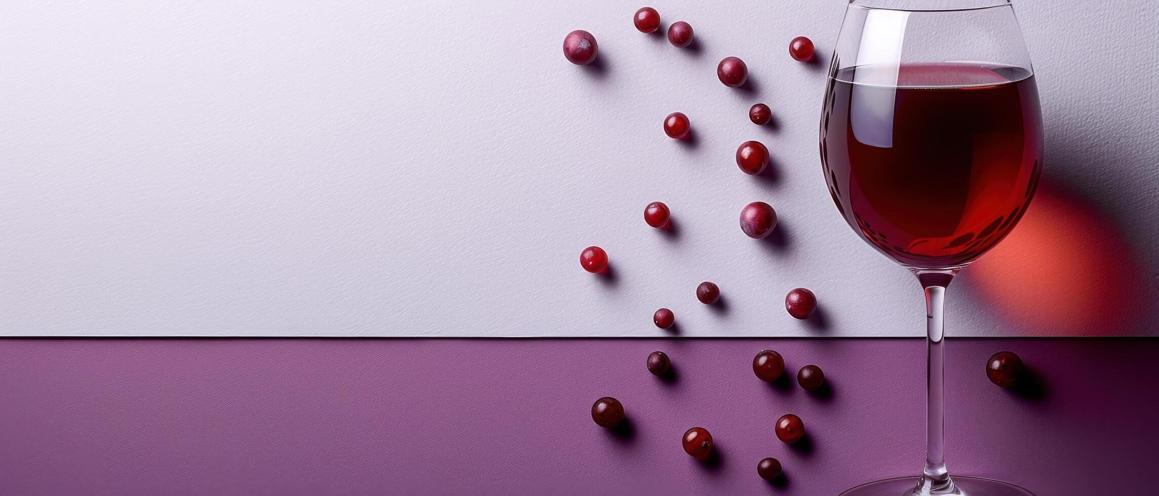 Elegant Wine Glass with Red Wine and Scattered Grapes on a Modern Purple and White Background photo