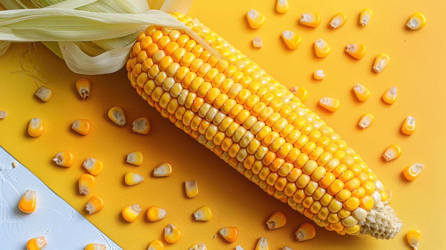Fresh Yellow Corn on Cob with Scattered Kernels on Vibrant Yellow Background photo