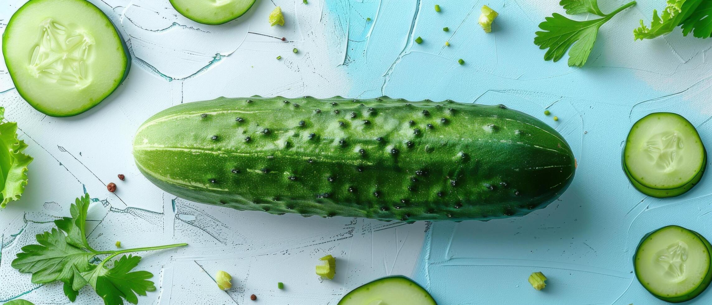 Fresh Green Cucumber on Light Blue Background with Sliced Pieces and Parsley photo
