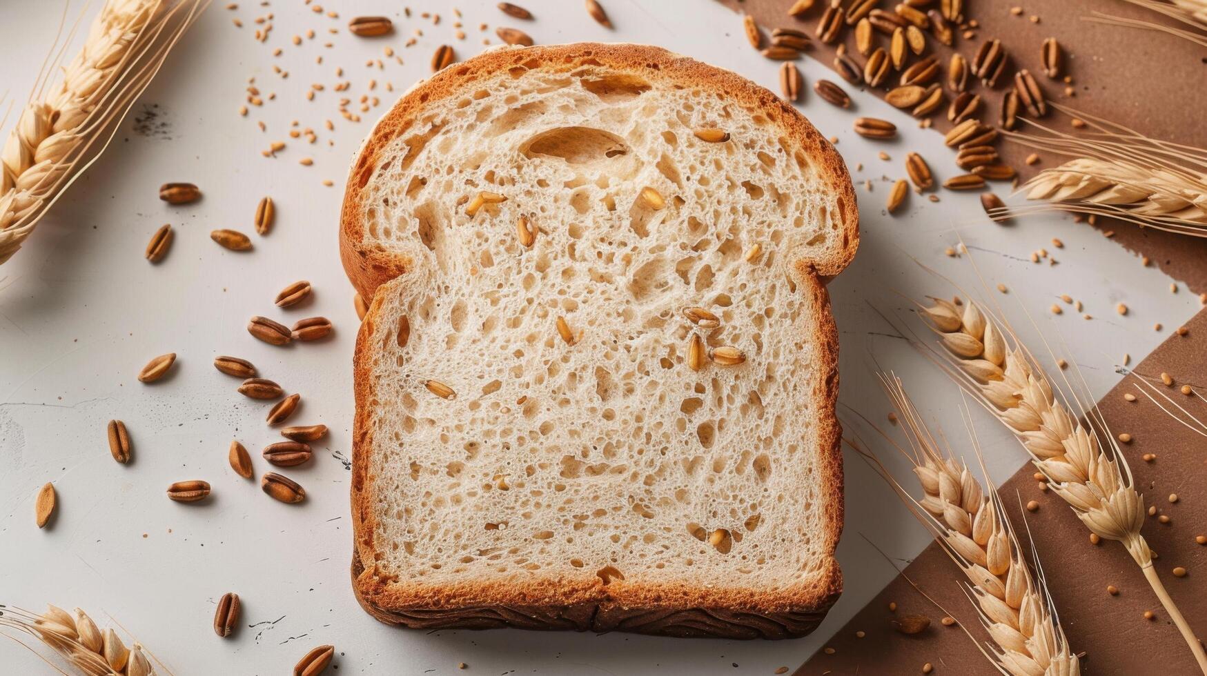 Freshly Baked Whole Wheat Bread Slice with Grains and Wheat Ears on Rustic White Background photo