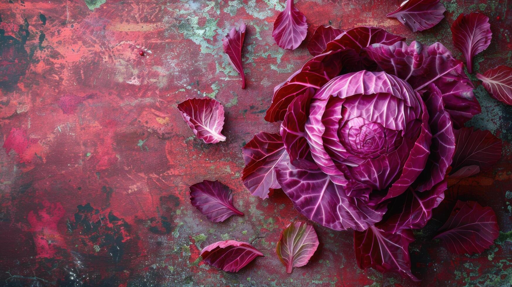 Fresh Red Cabbage on Rustic Background with Scattered Leaves - Vibrant and Colorful Vegetable Still Life photo