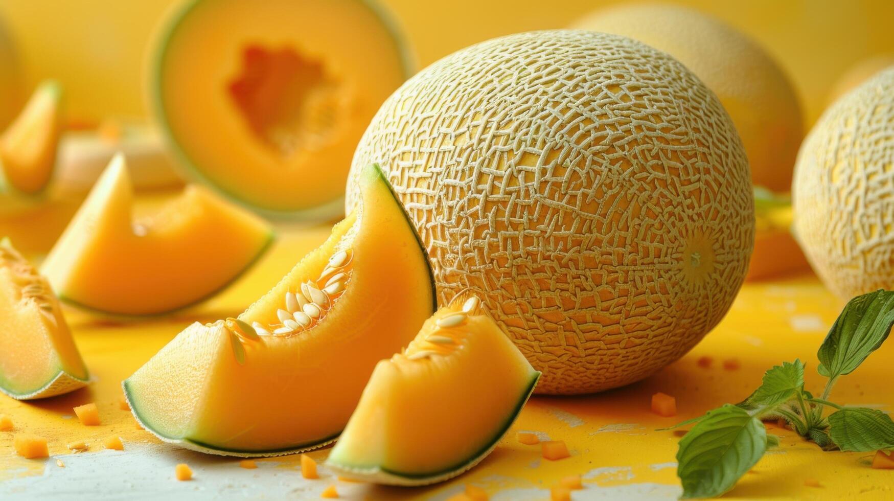 Fresh Cantaloupe Melon with Slices on Yellow Background - Vibrant and Juicy Summer Fruit photo