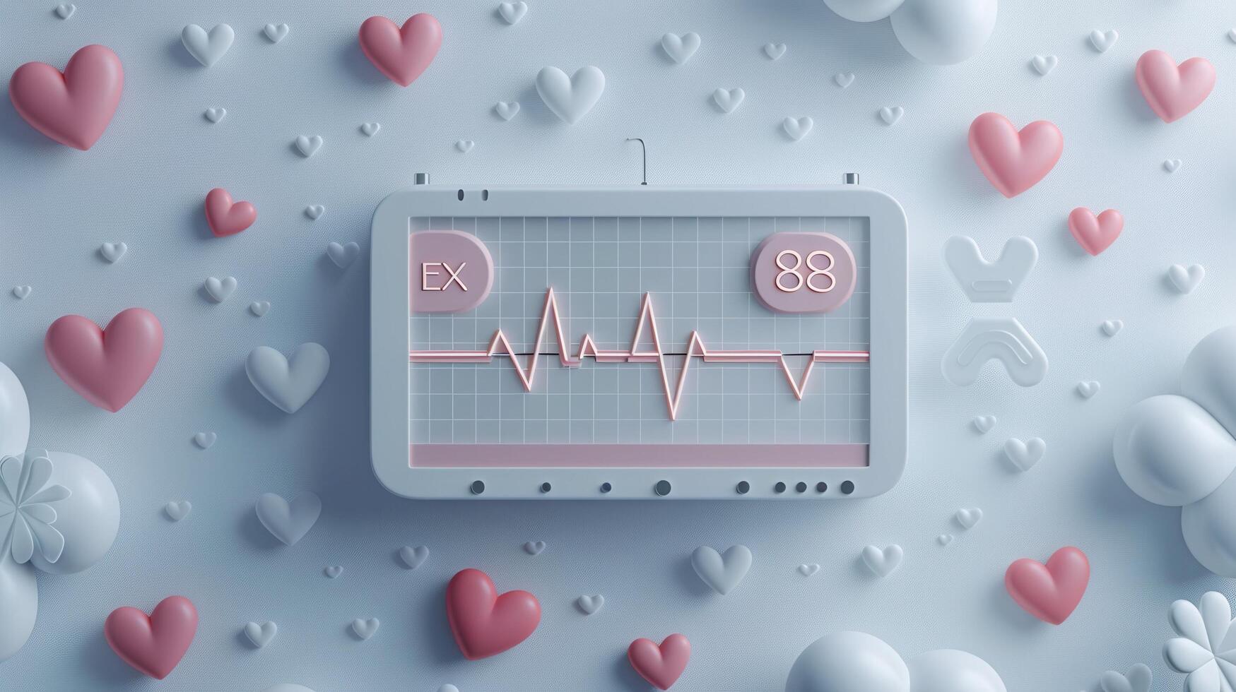 Modern Heartbeat Monitor with Pink Hearts and Balloons on Light Background - 3D Rendered Medical Concept photo